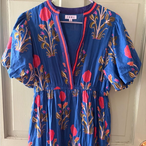 THML Floral dahlia puff sleeve Midi Dress blue green - Picture 5 of 11